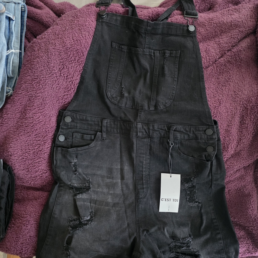 Black Label Black Distressed Denim Short Overalls